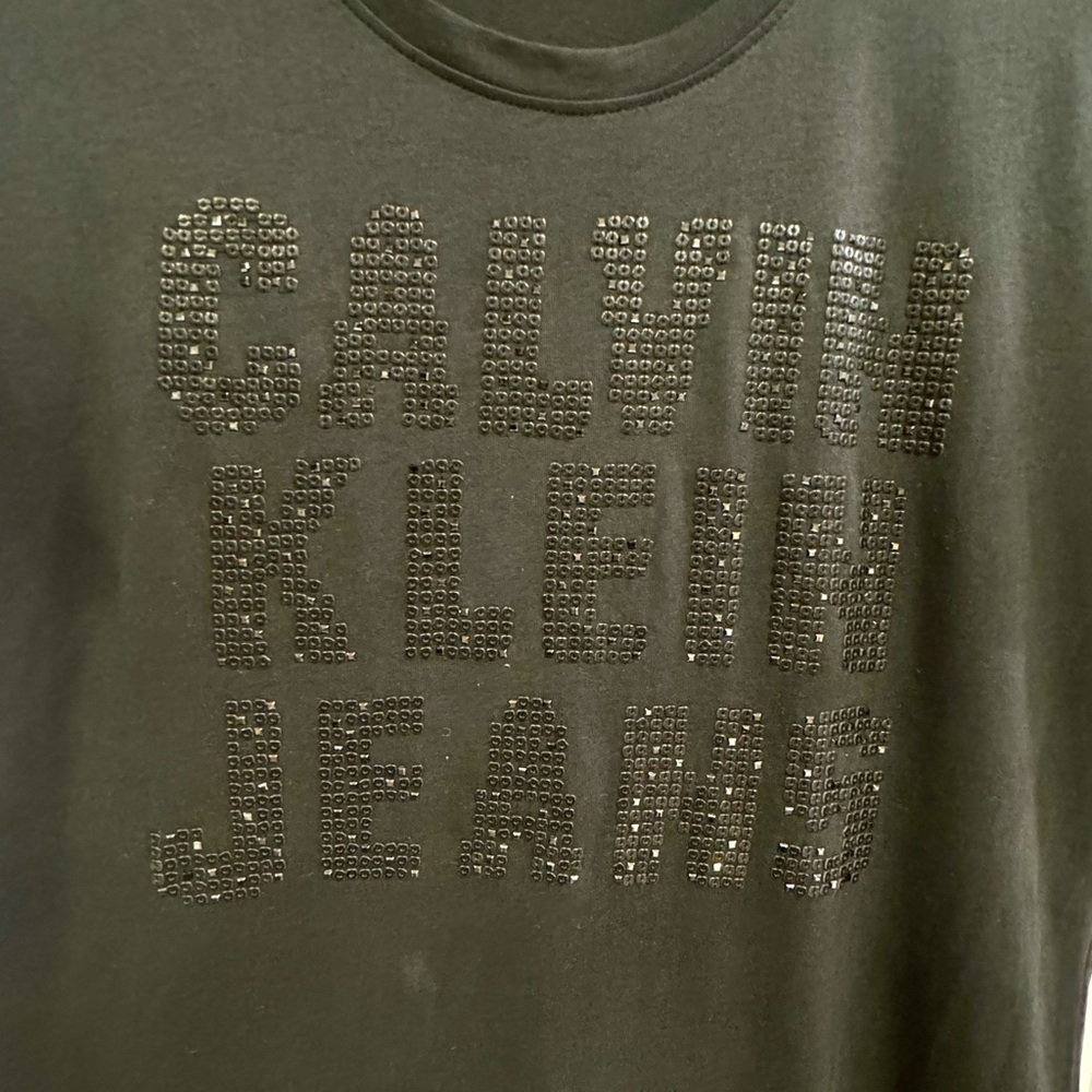 Calvin Klein Black Rhinestone Studs Bling Short Sleeve TShirt Wmns Lg Scoop Neck